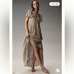 NWT By Anthropologie Short Sleeve Mock Neck Maxi Dress Metallic Cheetah Print S